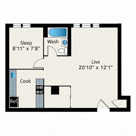 Floor plan for studio, 1 bath, 643 sqft